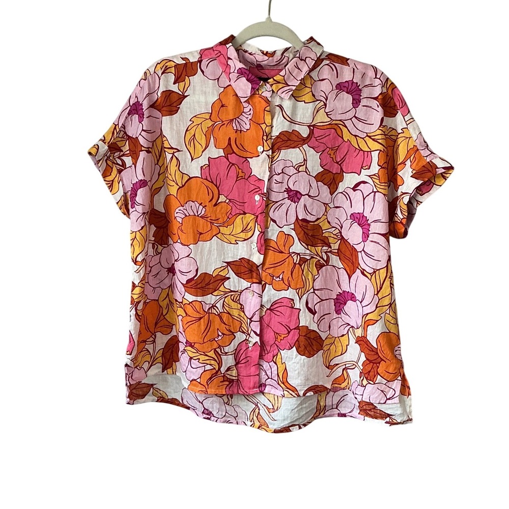Rachel Rachel Roy Womens‎ Pink Orange Floral 100% Linen Button Down Shirt Size M